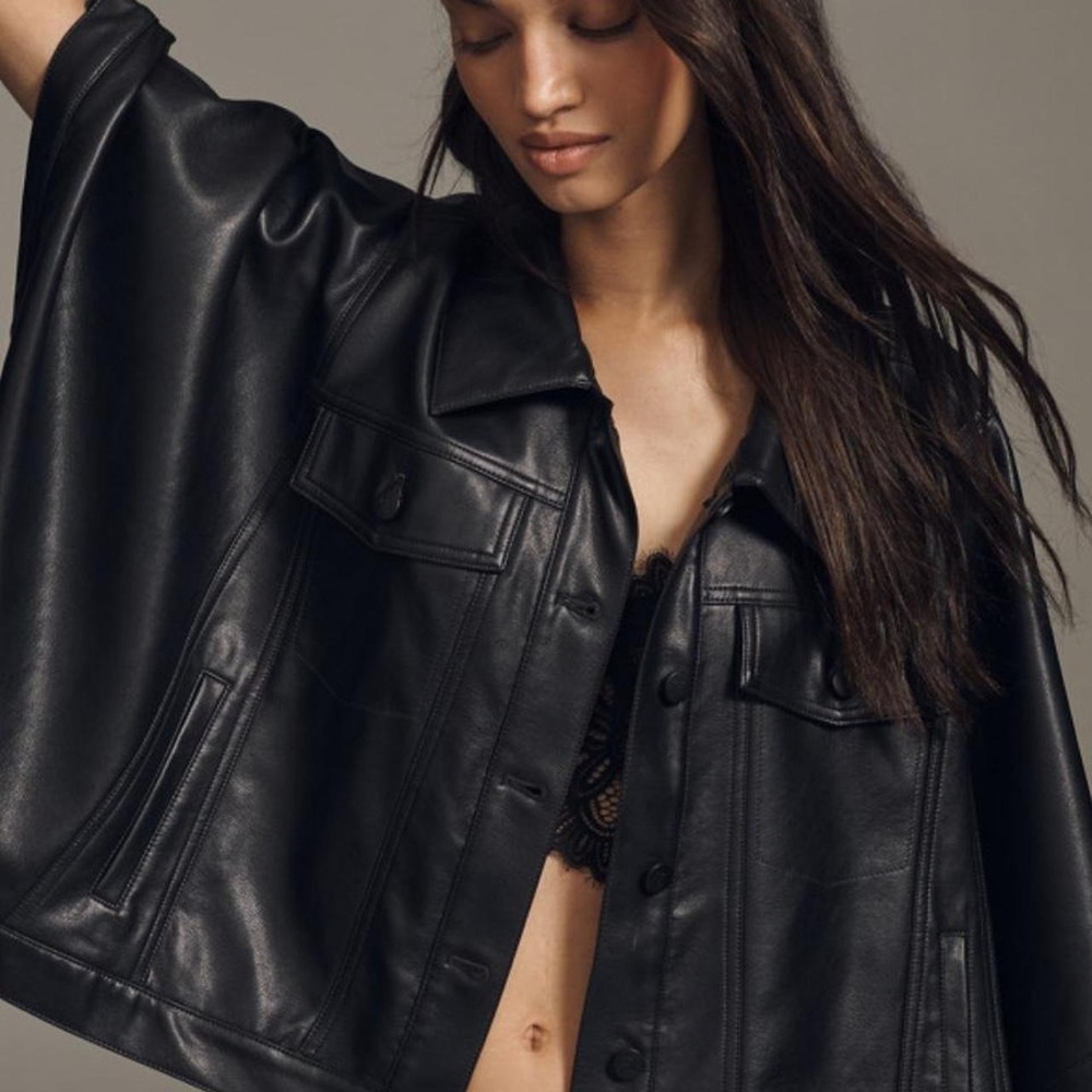 Pilcro Black leather cape jacket with lace trim